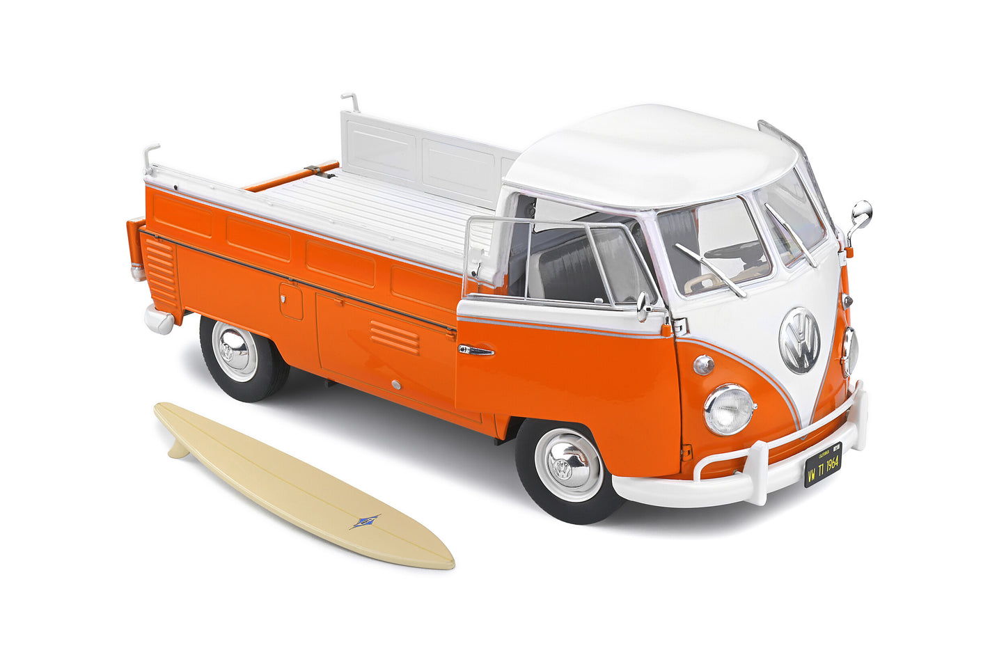 Solido - Volkswagen Transporter T1 Pick-Up with Surfboard (Orange & White) 1:18 Scale Model Car