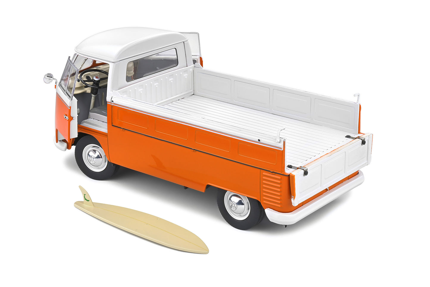 Solido - Volkswagen Transporter T1 Pick-Up with Surfboard (Orange & White) 1:18 Scale Model Car